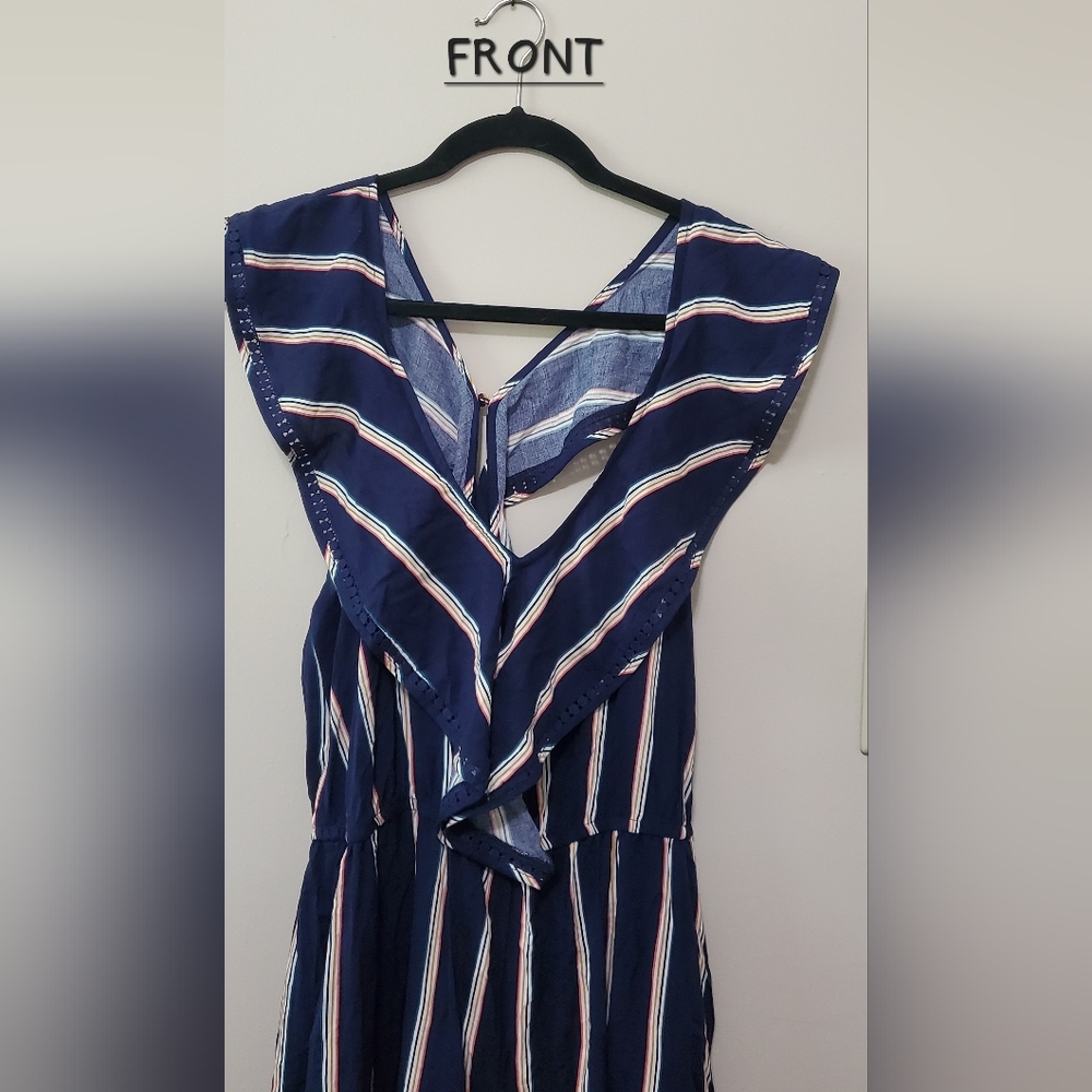 Large Navy Romper w Tan & White Stripes
